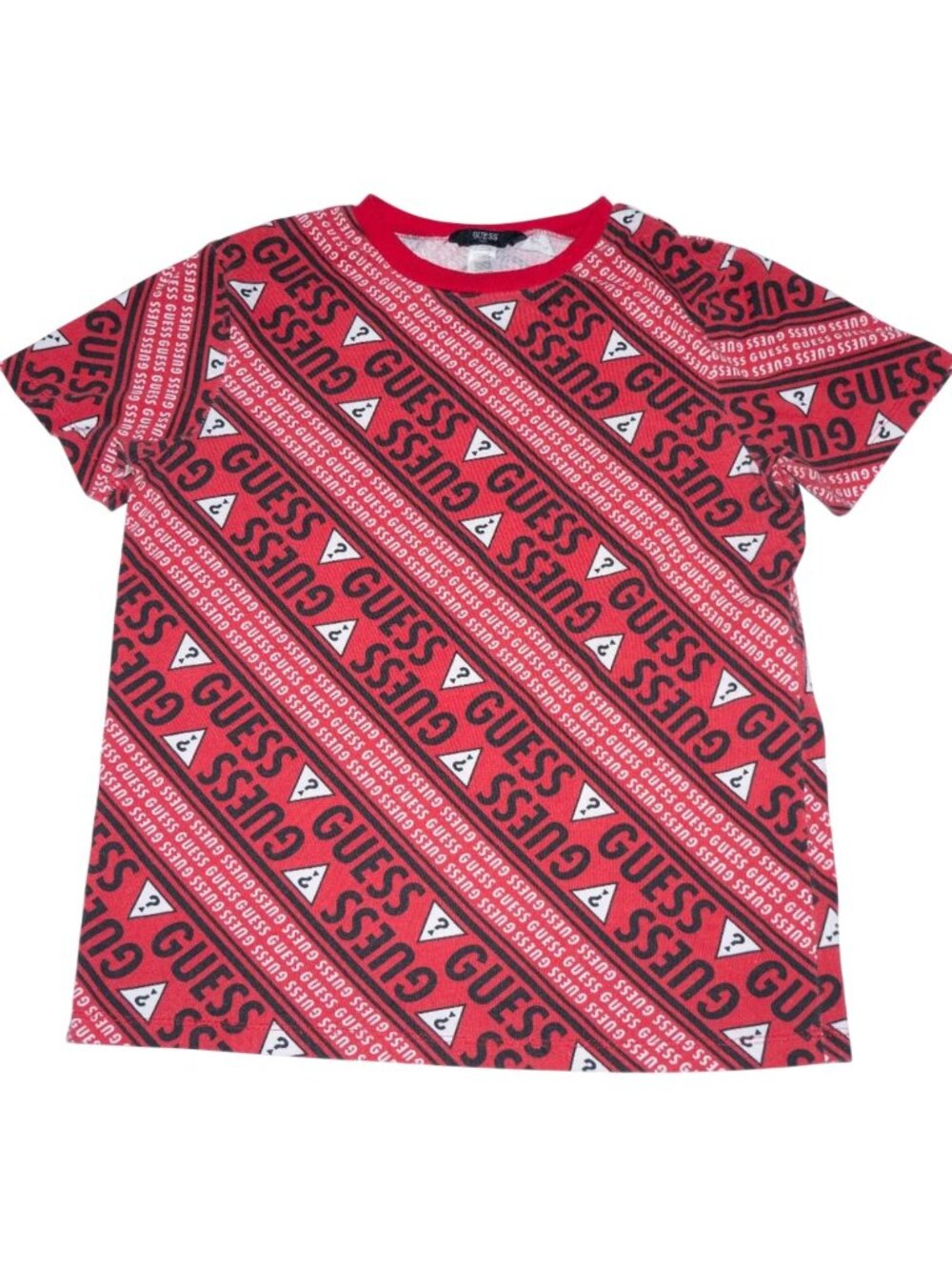 GUESS Boys M 12-14 Red Black All Over Logo Graphic Tee Short Sleeve